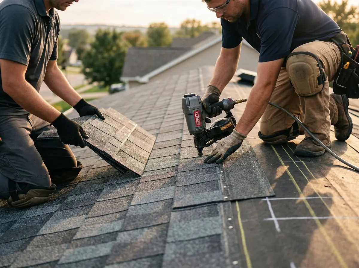 Professional roofer working on a residential roof in Surf City